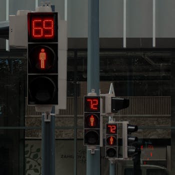 Urban scene featuring multiple traffic lights with digital countdown displays and pedestrian symbols.